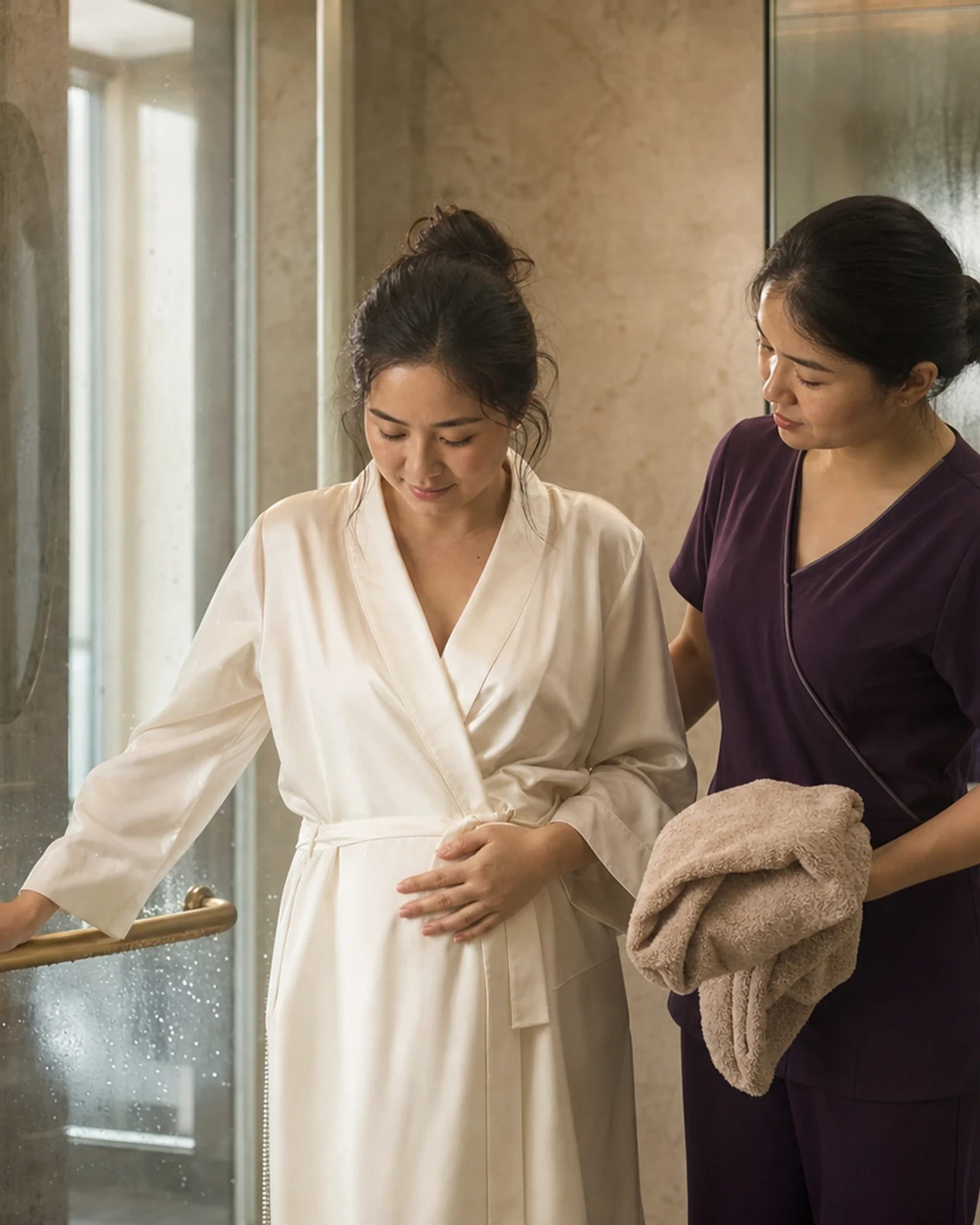 A mother after her first warm shower, a nurse beside her