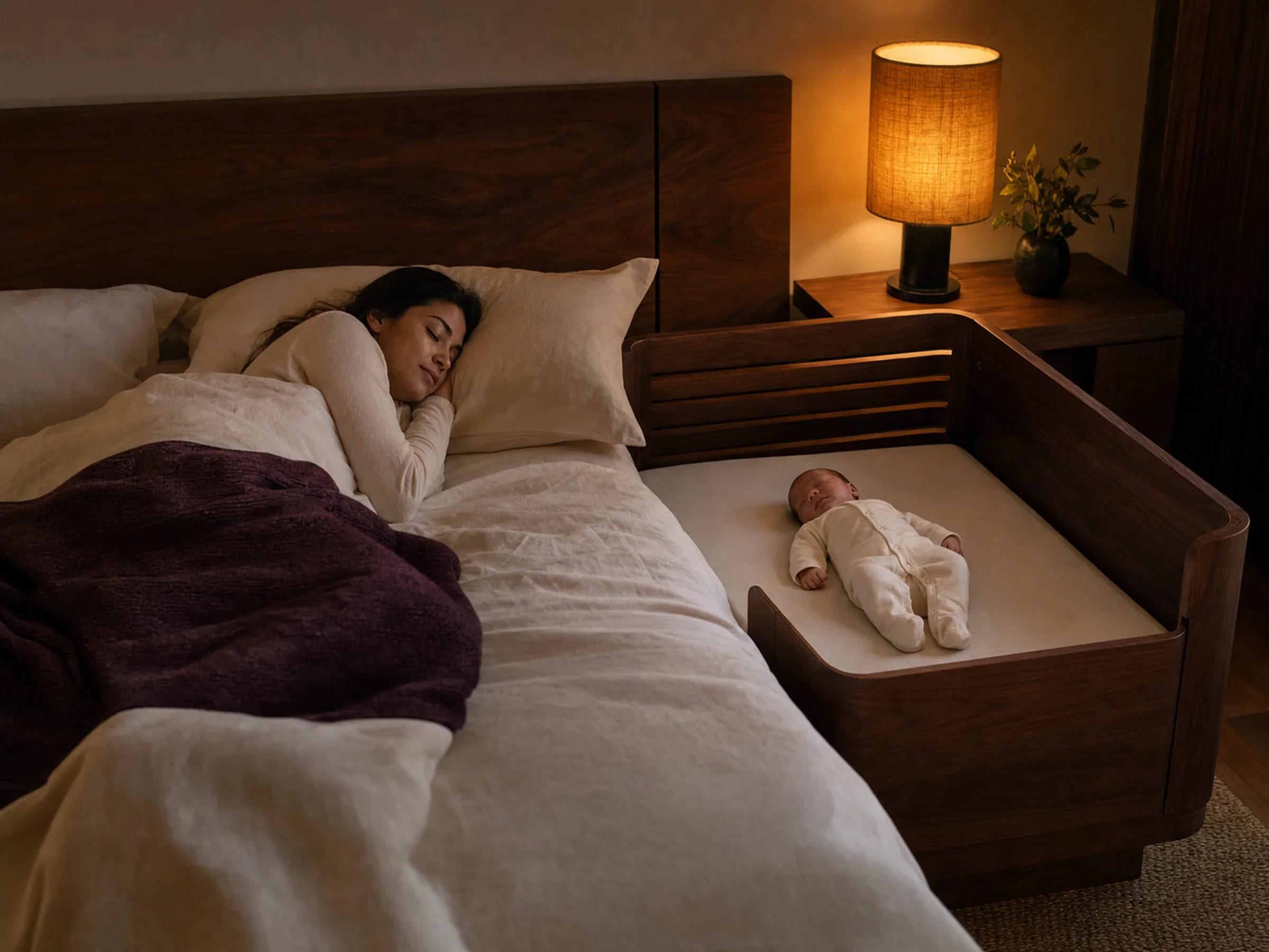 A newborn sleeping on his back in an empty cot beside his mother's bed