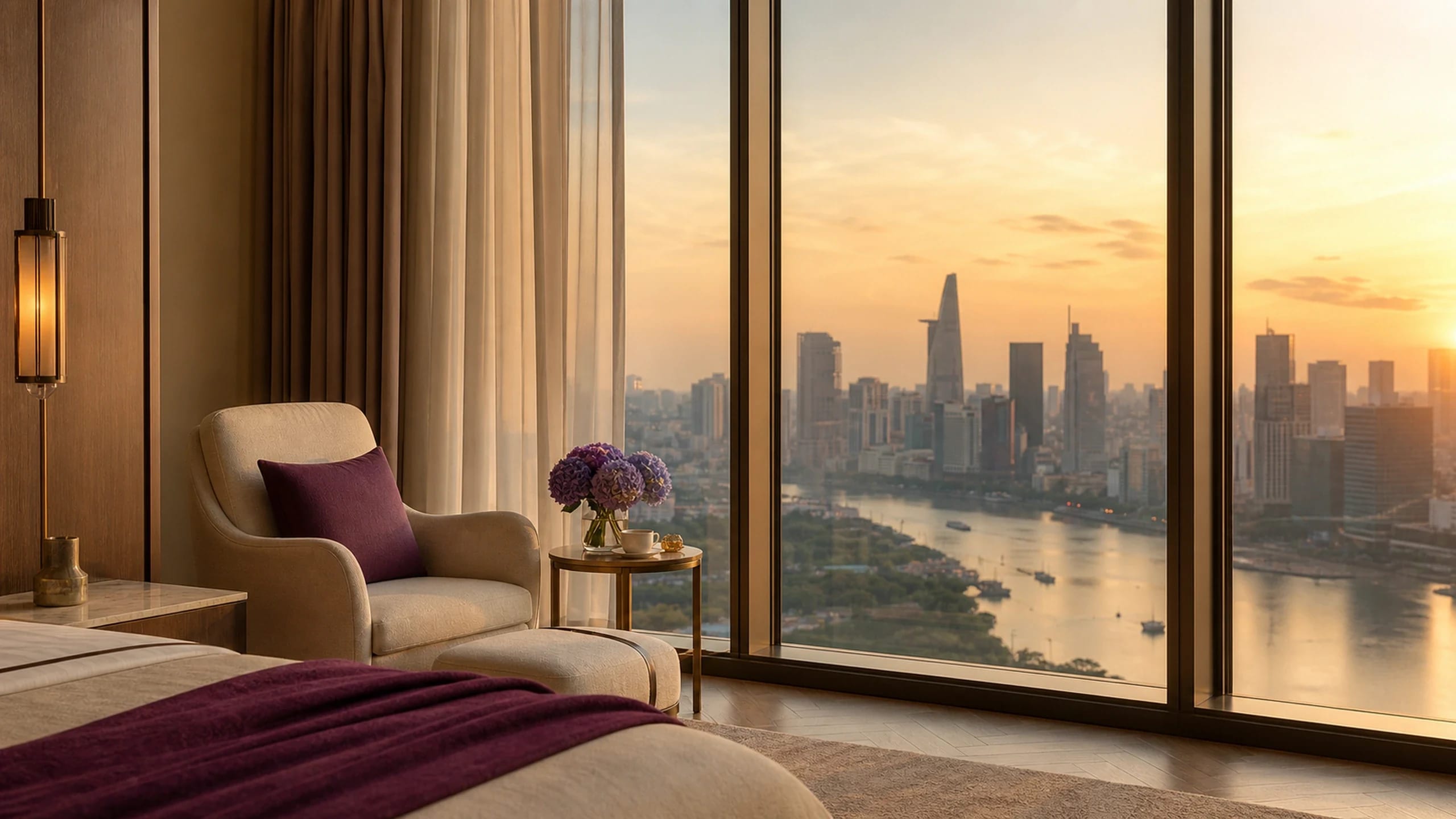 City suite with full-height windows, nursing chair and the Saigon skyline