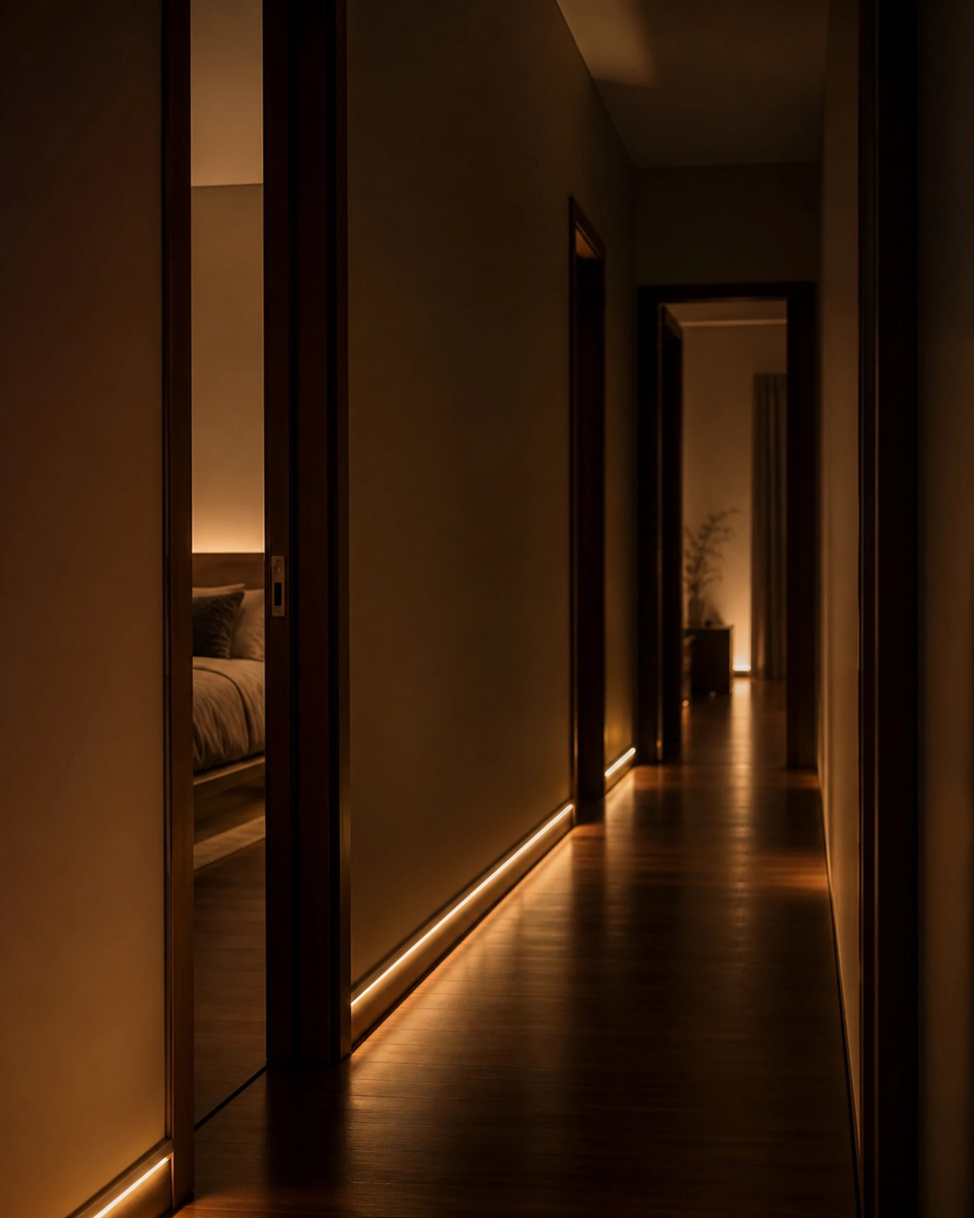 Casa corridor at night with a low warm light