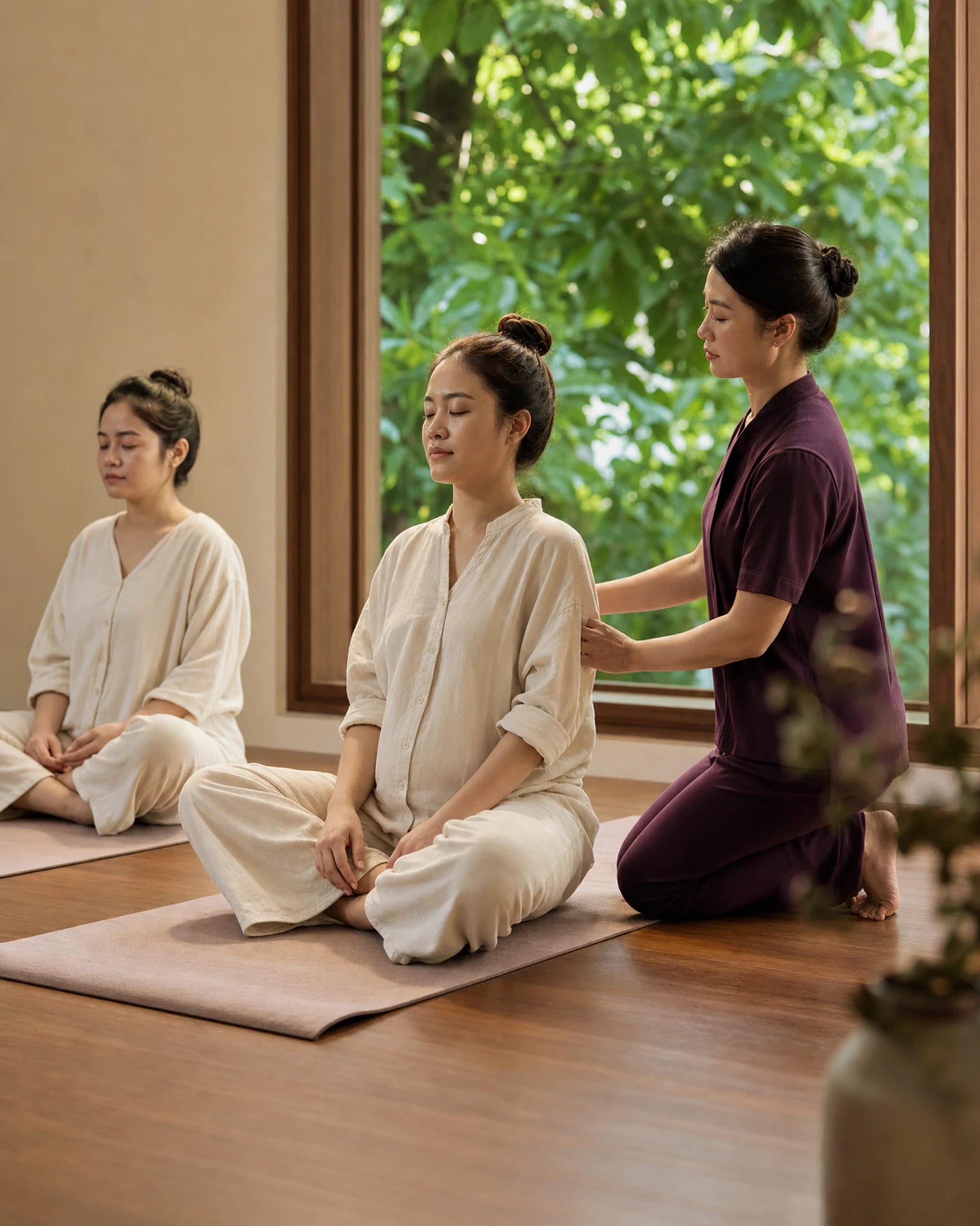 Two mothers practising gentle breathing with an instructor