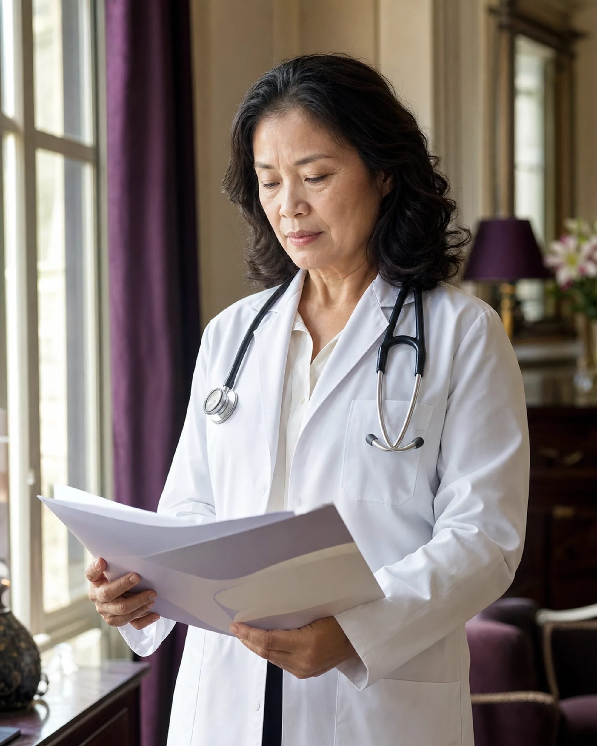 Casa's obstetrician reading a patient file by a window