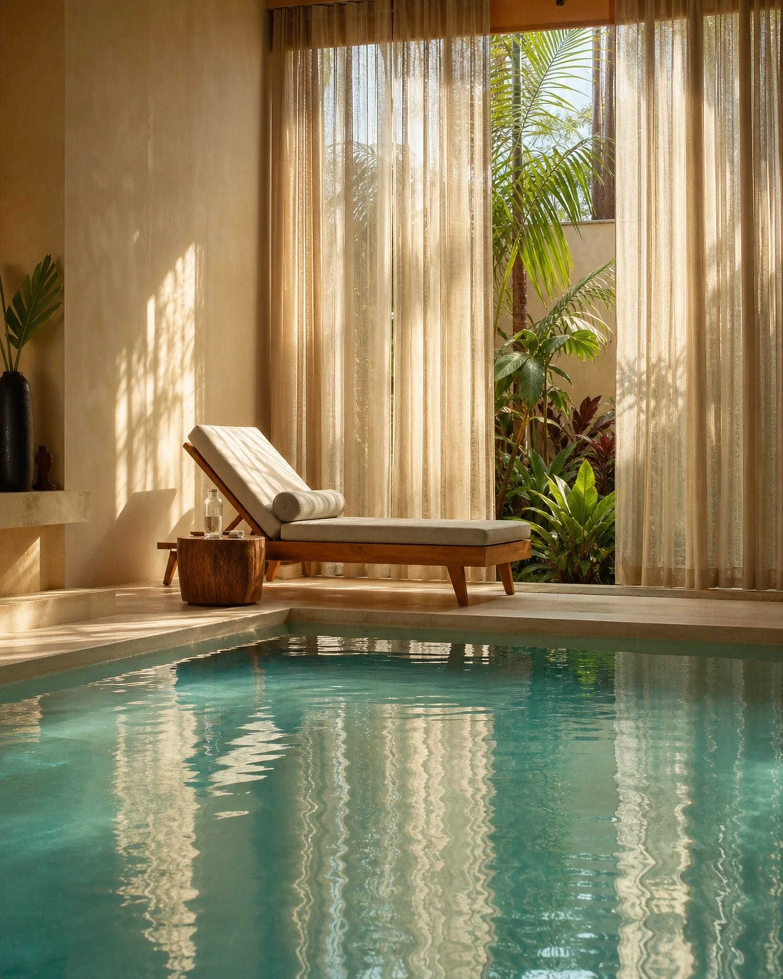 Quiet warm-water pool beside sheer curtains and greenery