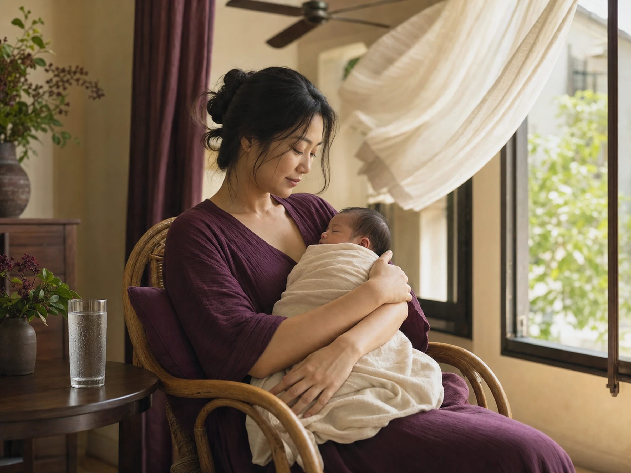 A mother feeding her newborn on a hot afternoon, a glass of water within her own reach
