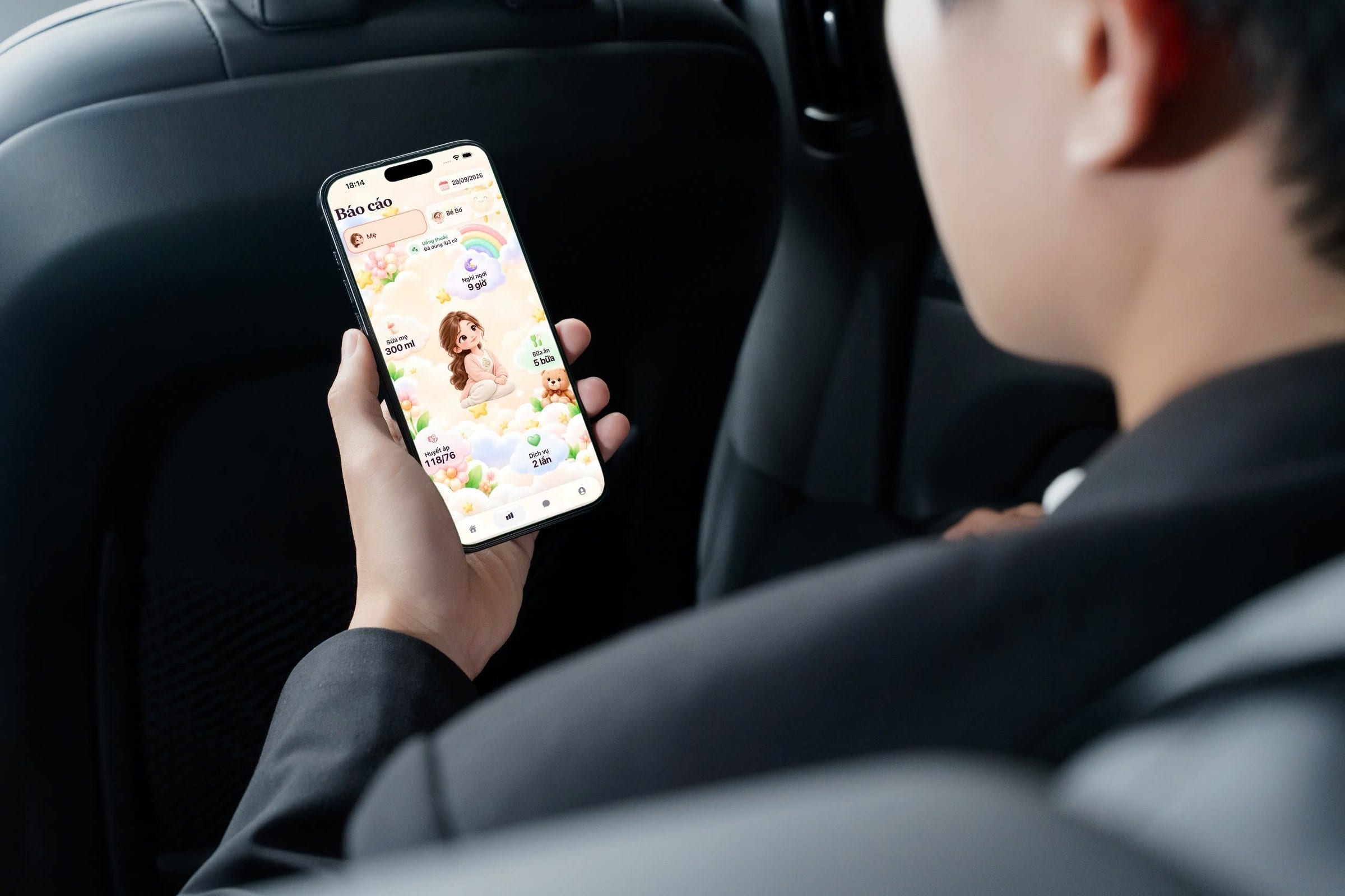 A family member checks the mother's health report in Casa App while on the move.