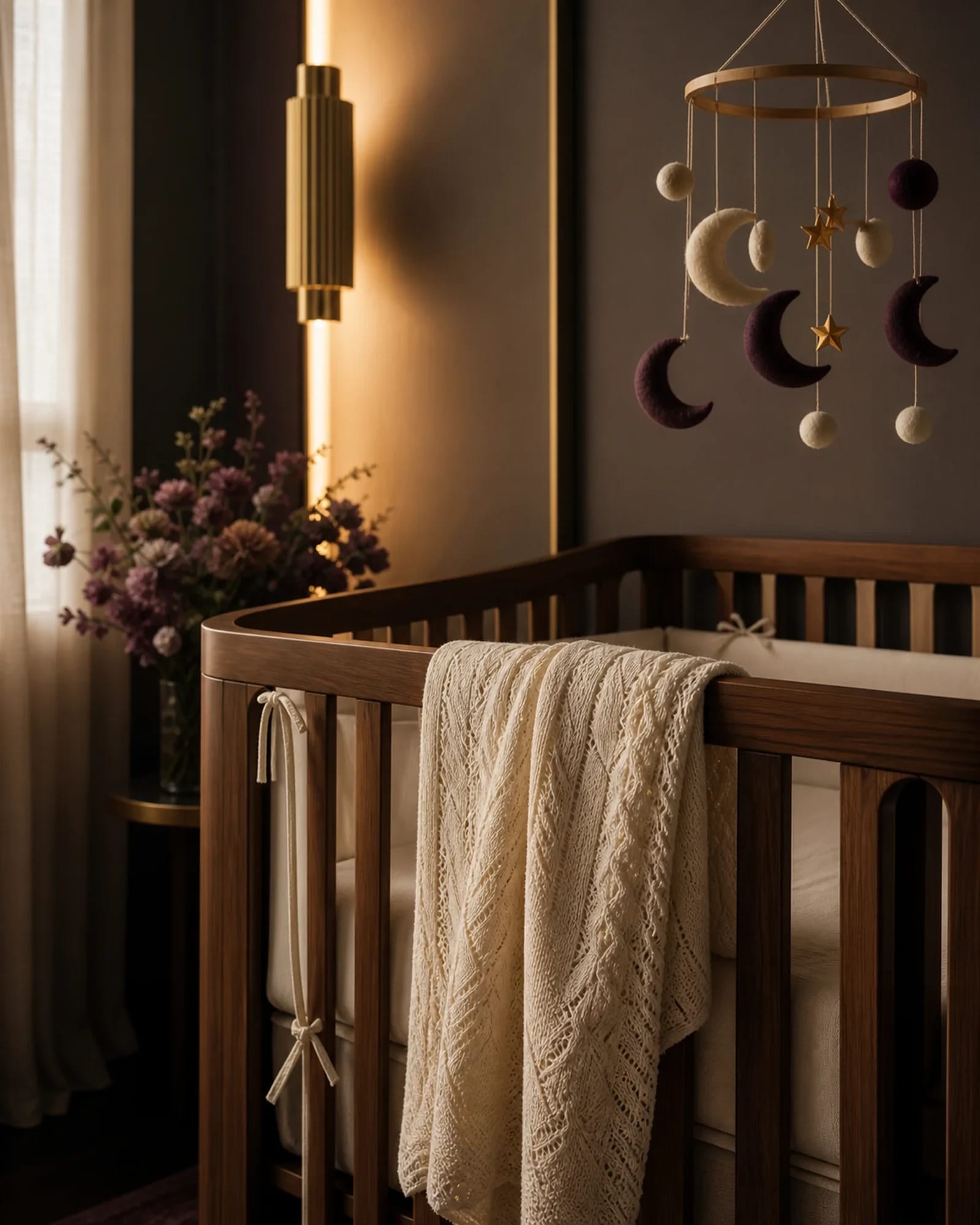 Wooden cot beside the bed with a knitted blanket and a moon mobile