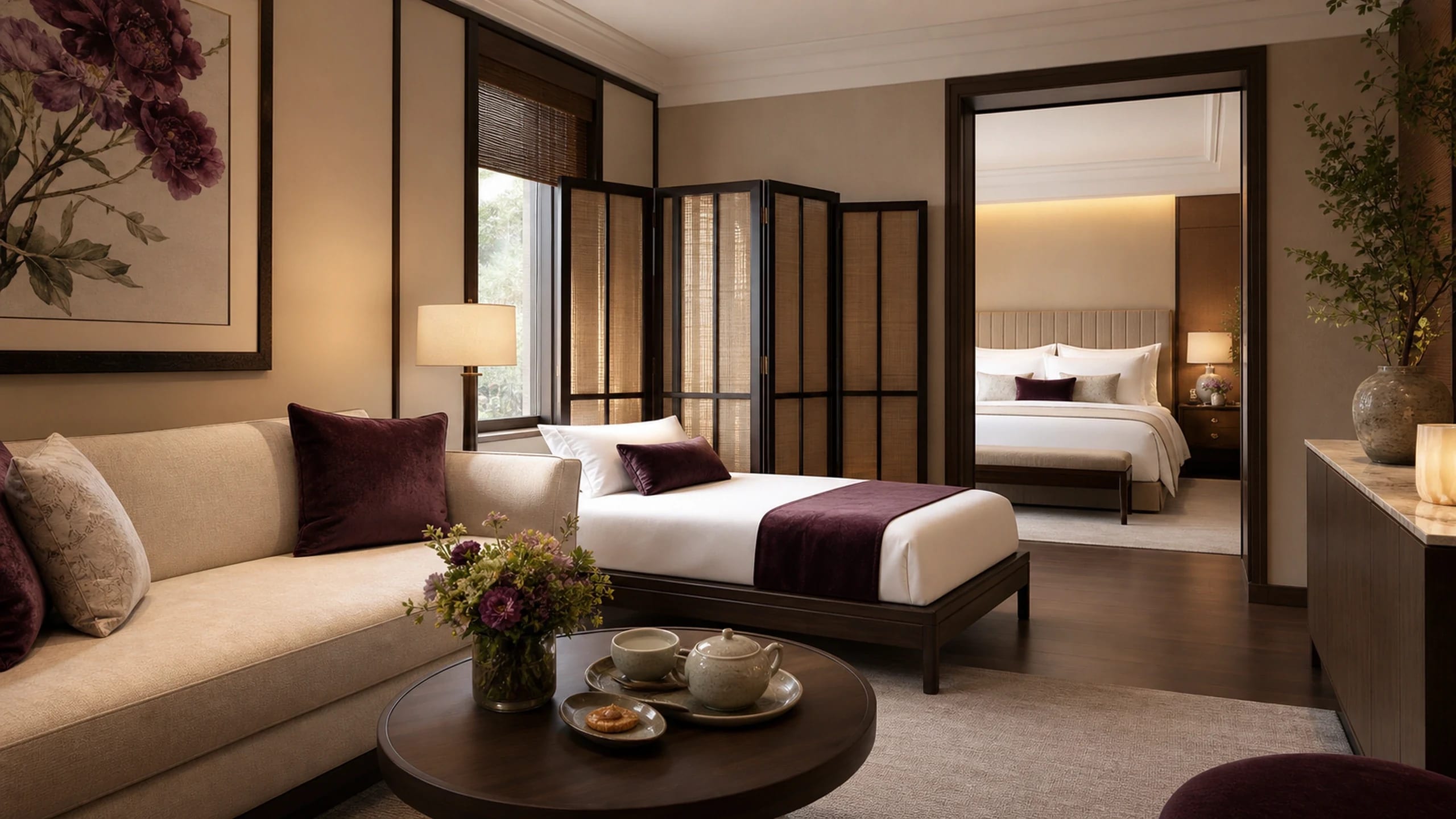 Family suite with a sitting room, day bed and bedroom beyond