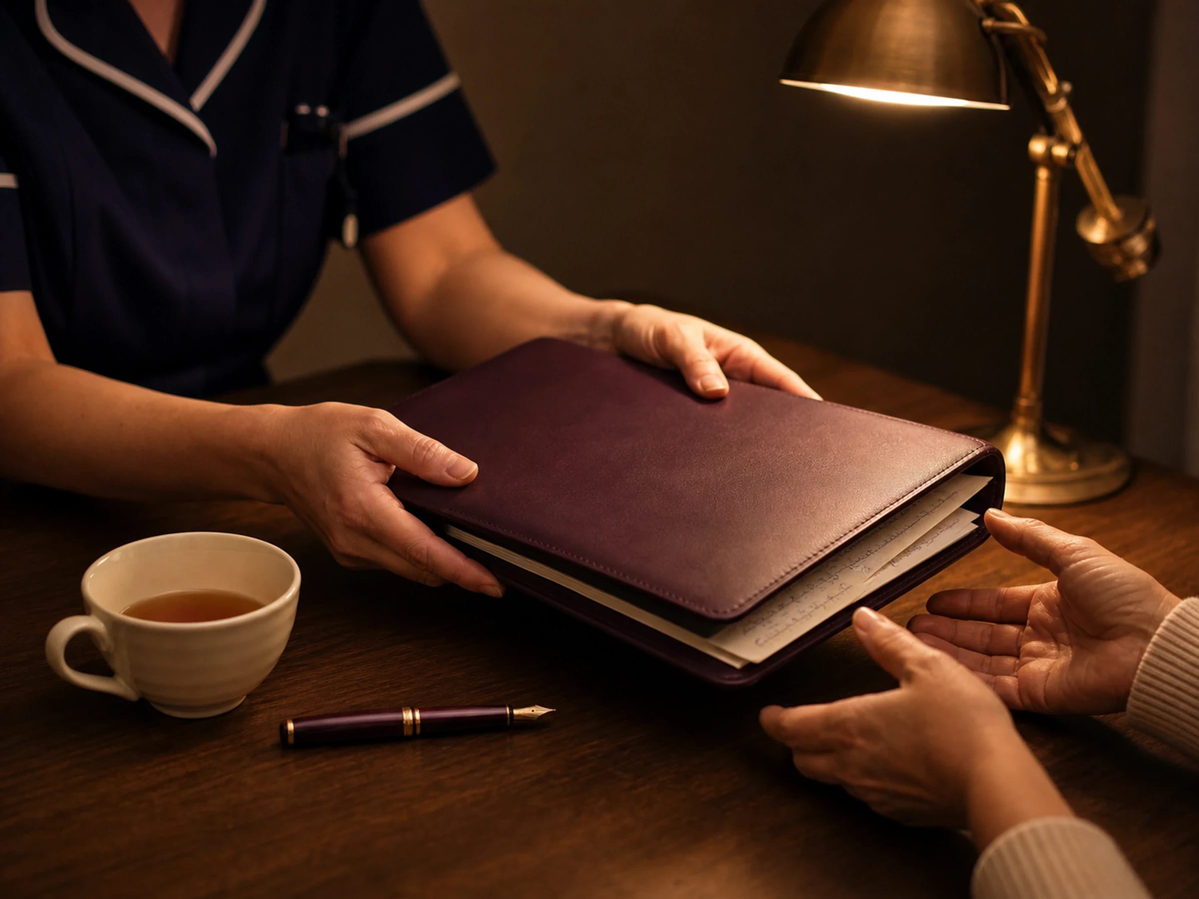 The day's handwritten care notes in a plum folder, handed back to the family in the evening