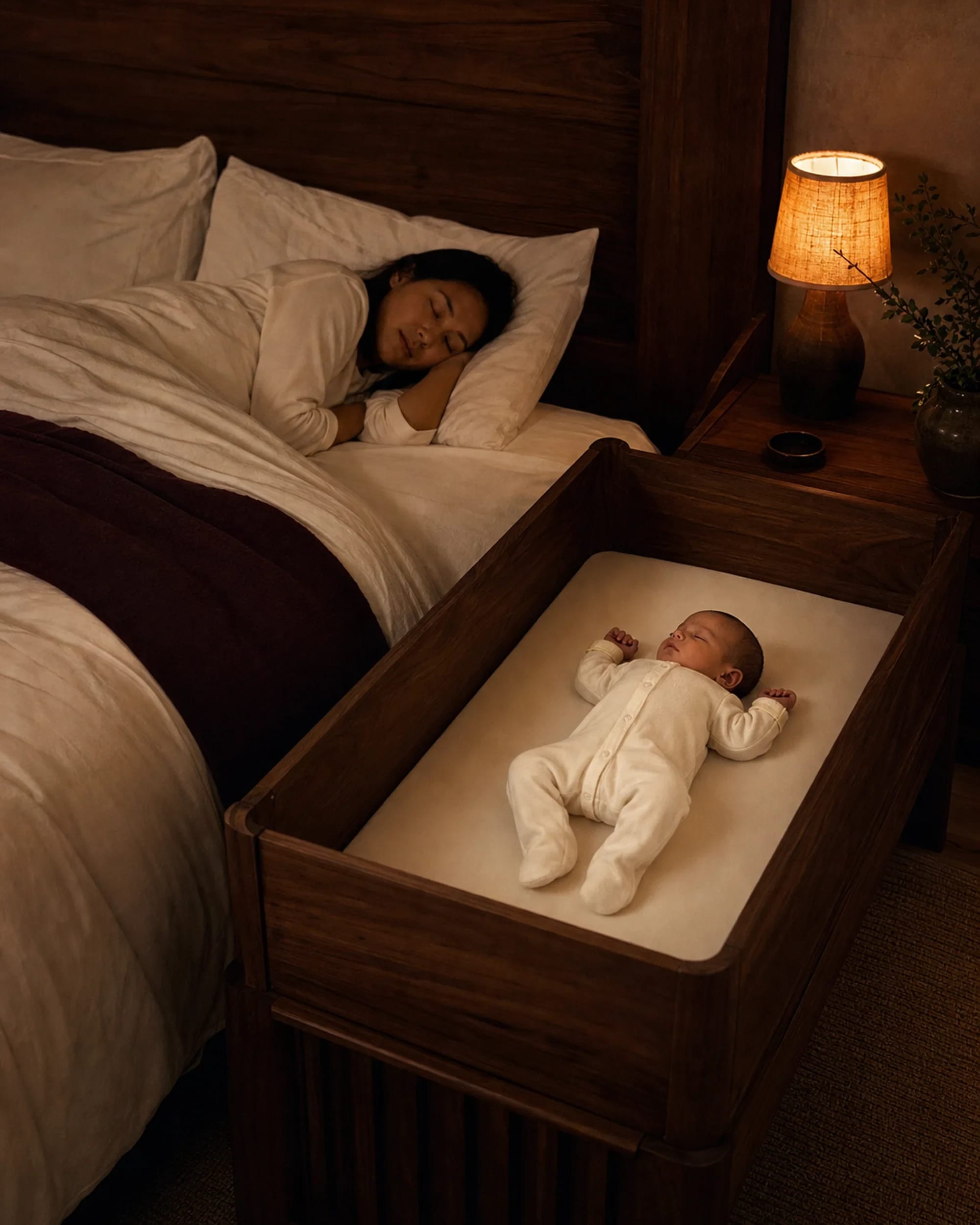 A newborn sleeping on his back in an empty cot beside the bed