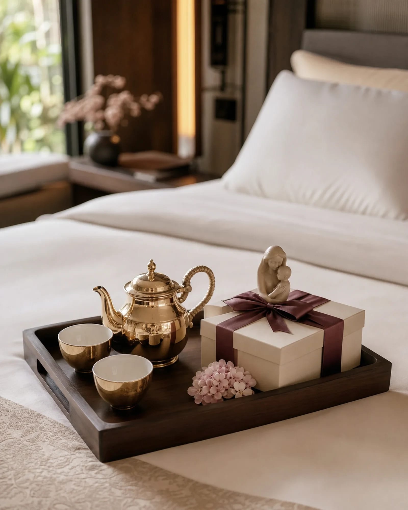Welcome tray with tea and flowers for a mother arriving at Casa