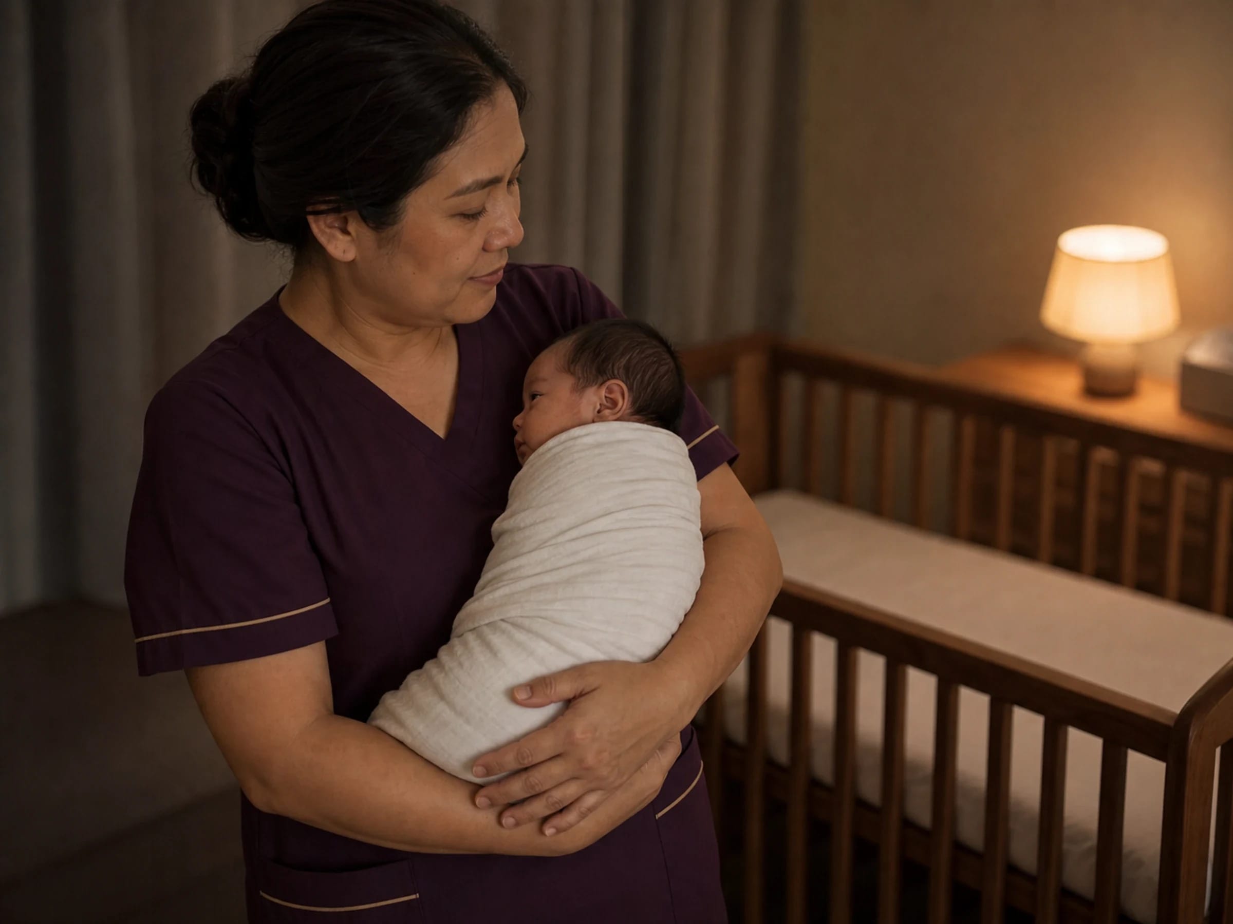 A nurse soothing a swaddled, awake newborn held on his side along her forearm
