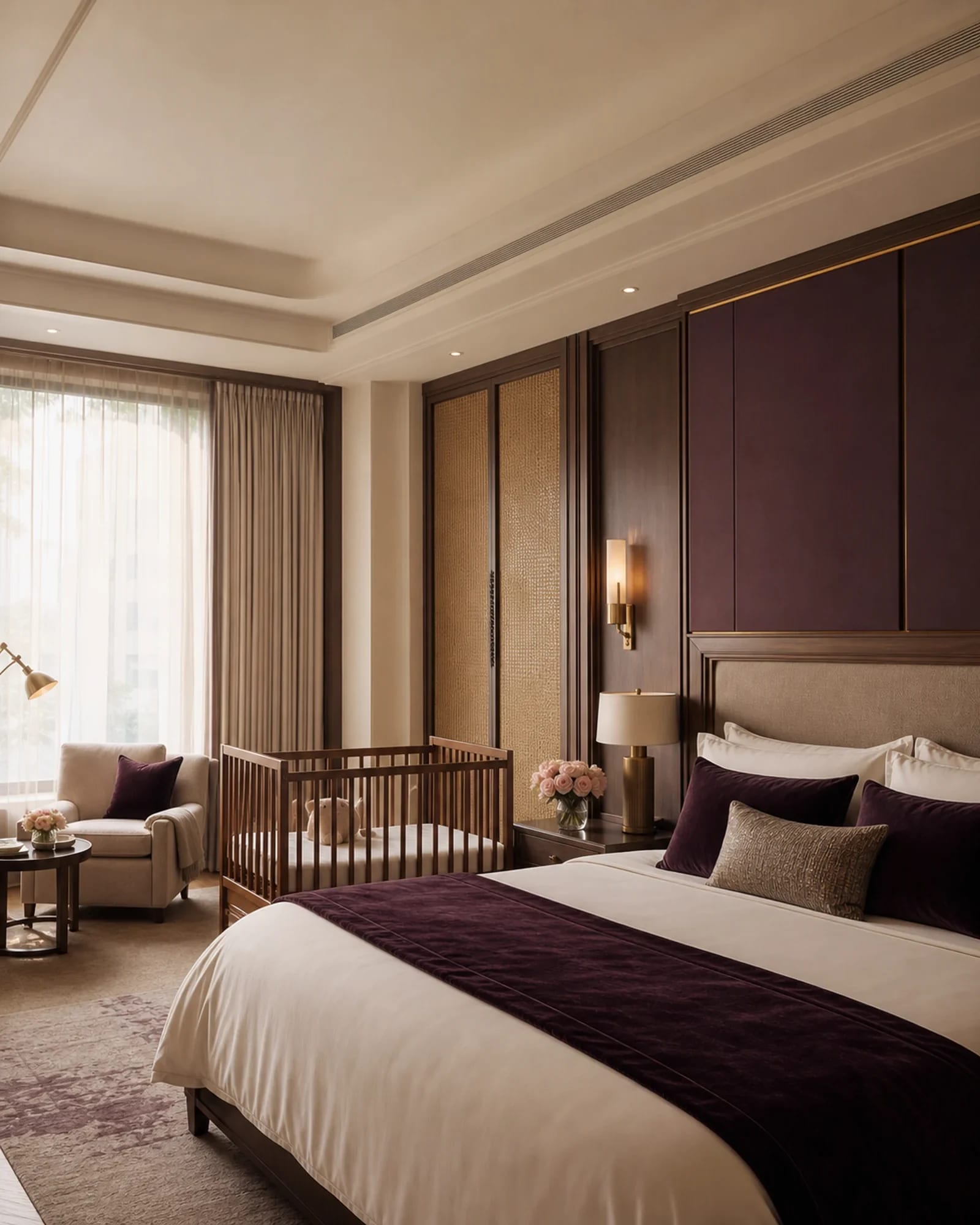 Warm five-star suite with a newborn cot prepared beside the bed
