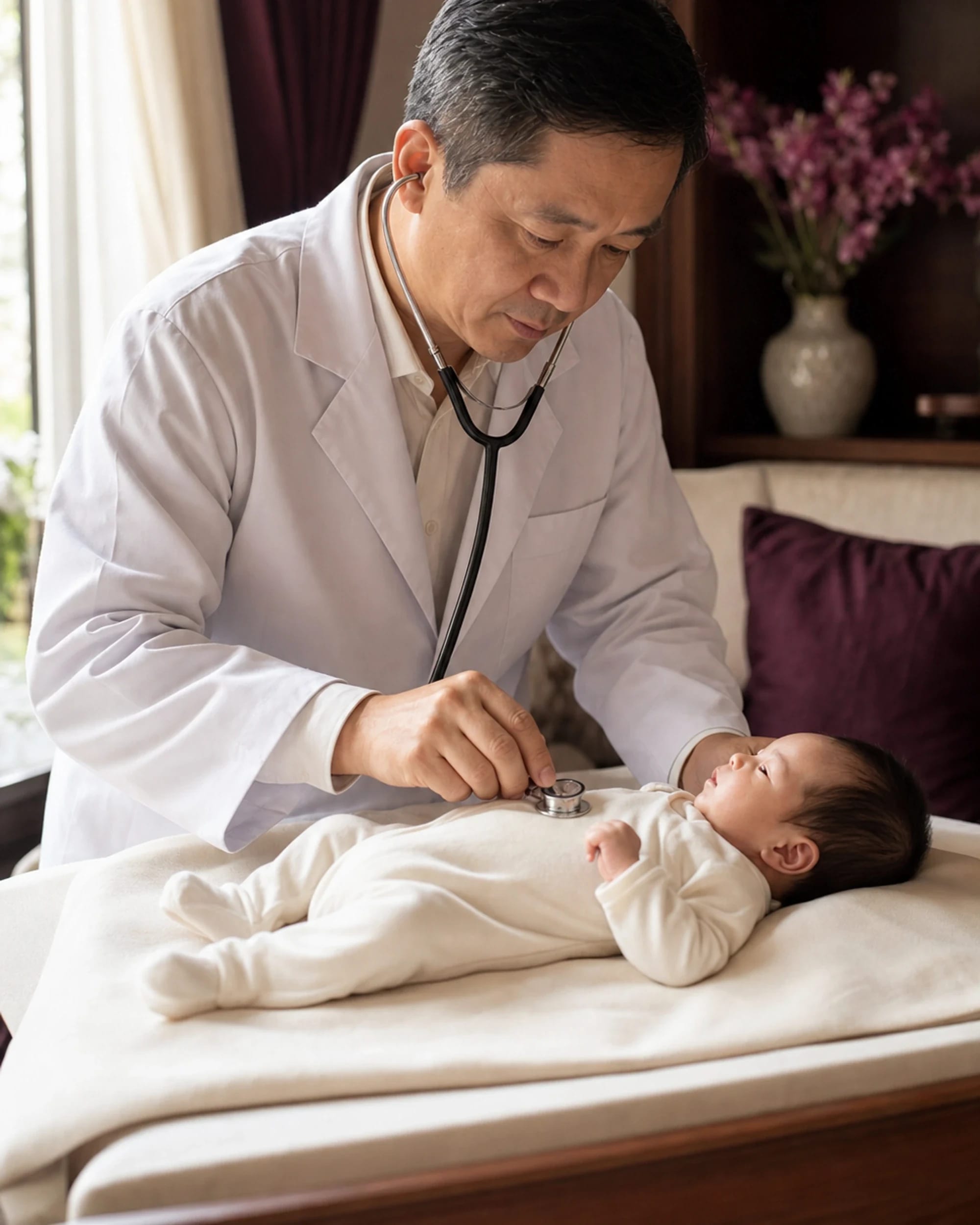 Casa's paediatrician listening to a newborn's chest with a stethoscope