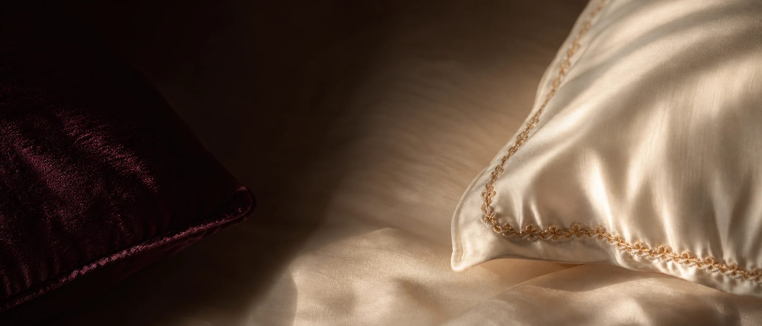 Ivory silk pillow with gold stitching beside a deep plum velvet cushion