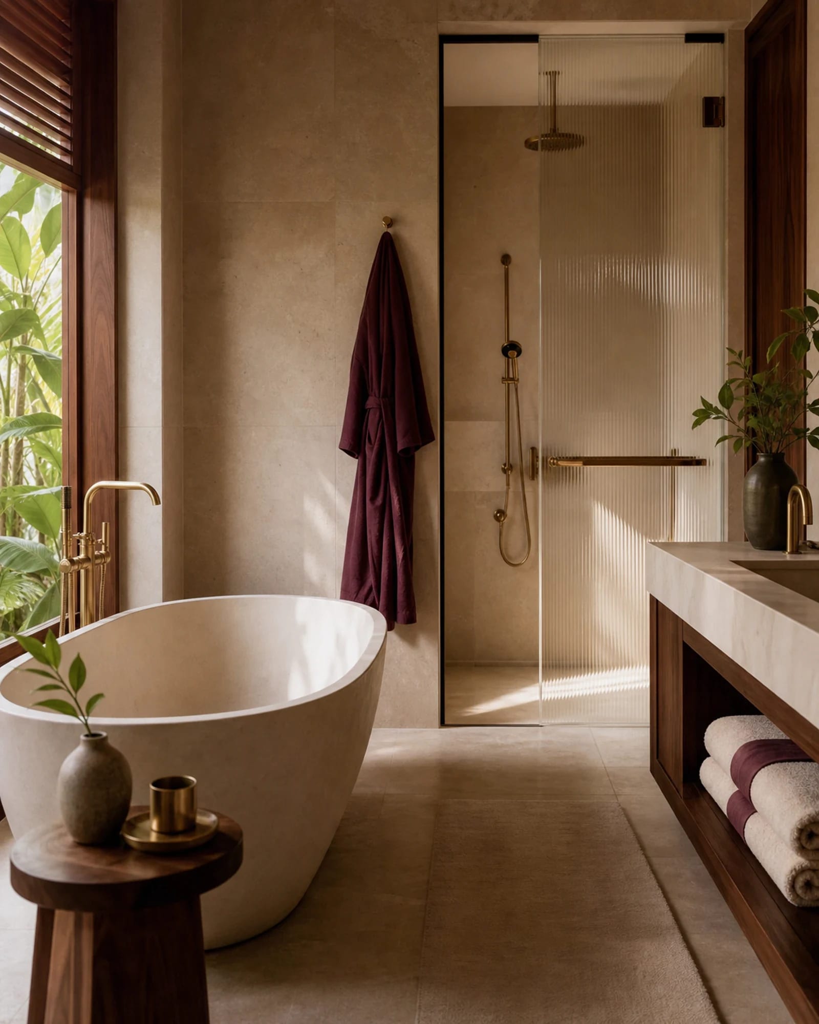 Warm stone ensuite bathroom with a soaking tub and fluted-glass shower