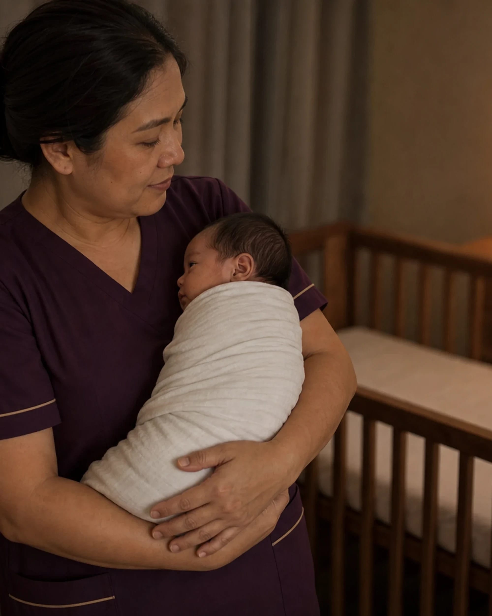 A nurse soothing a swaddled newborn held in her arms