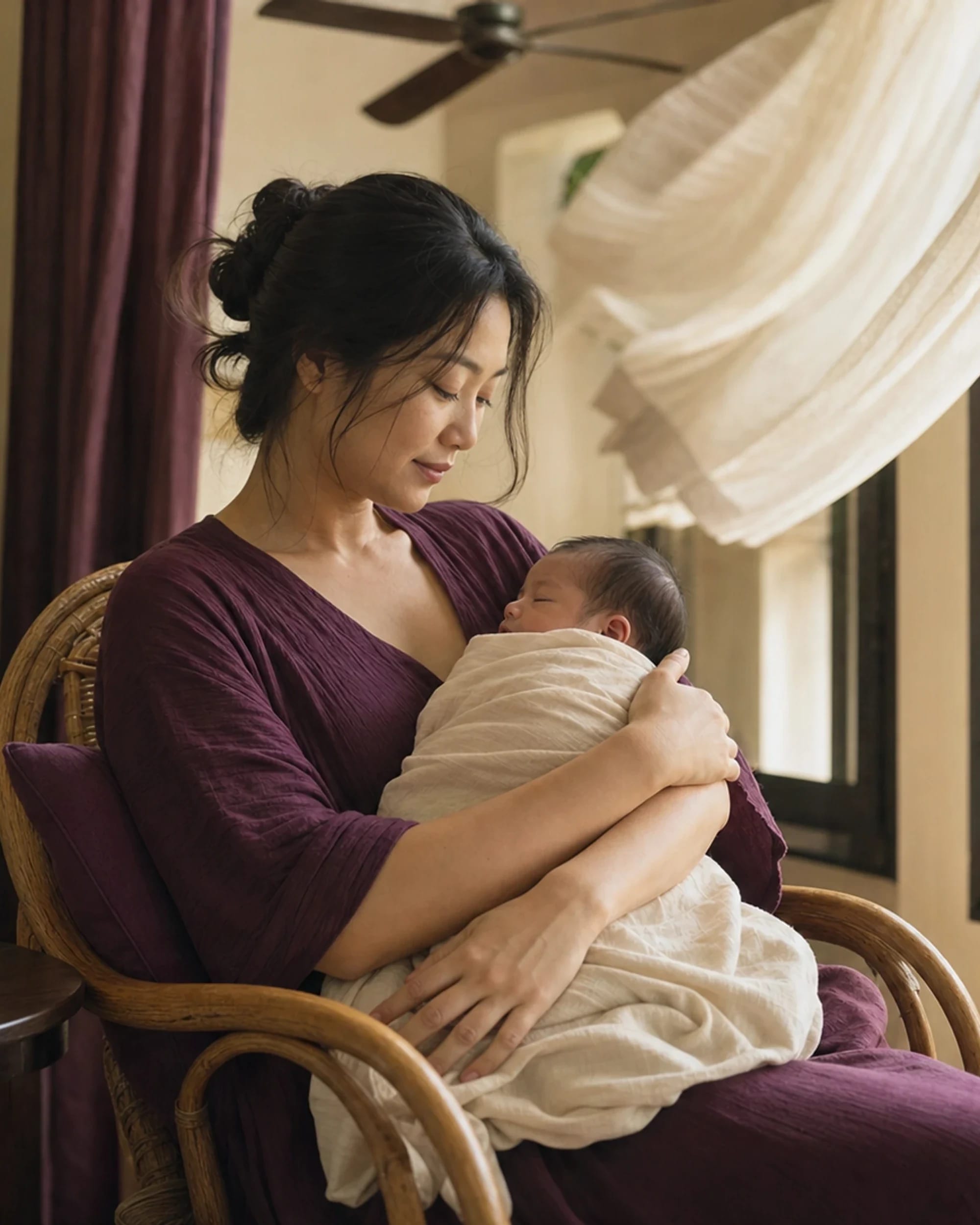 A mother feeding her newborn, a glass of water within her reach