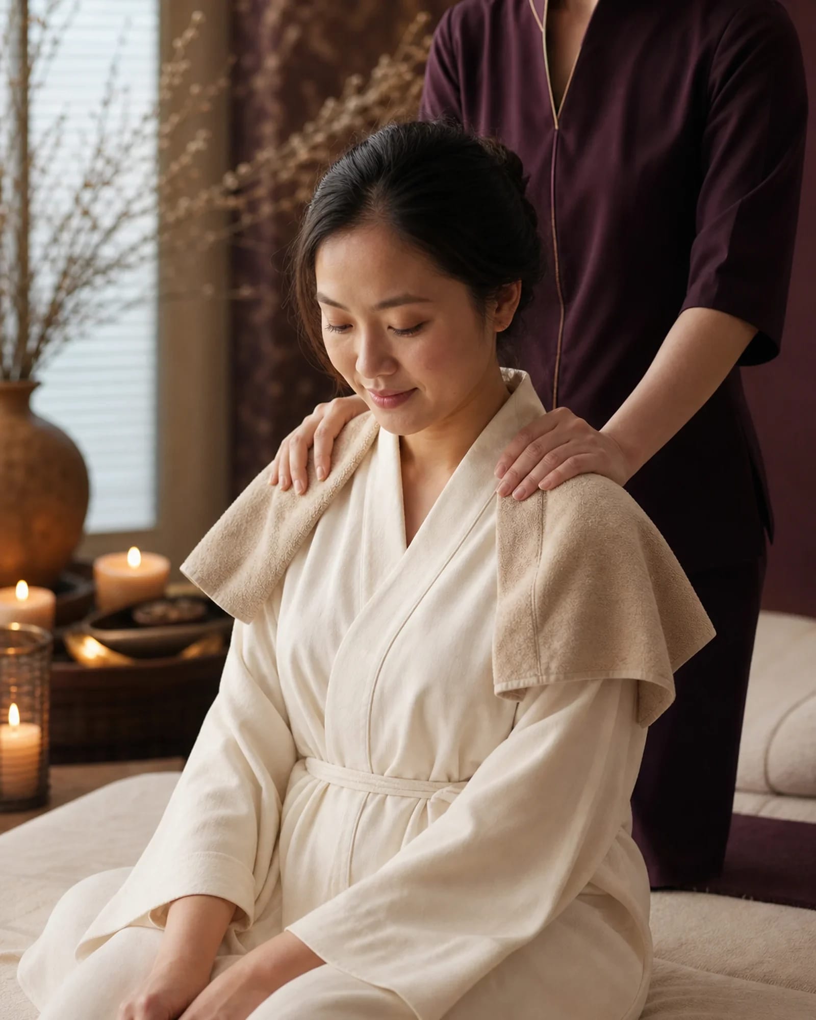 Postnatal recovery massage room in warm light