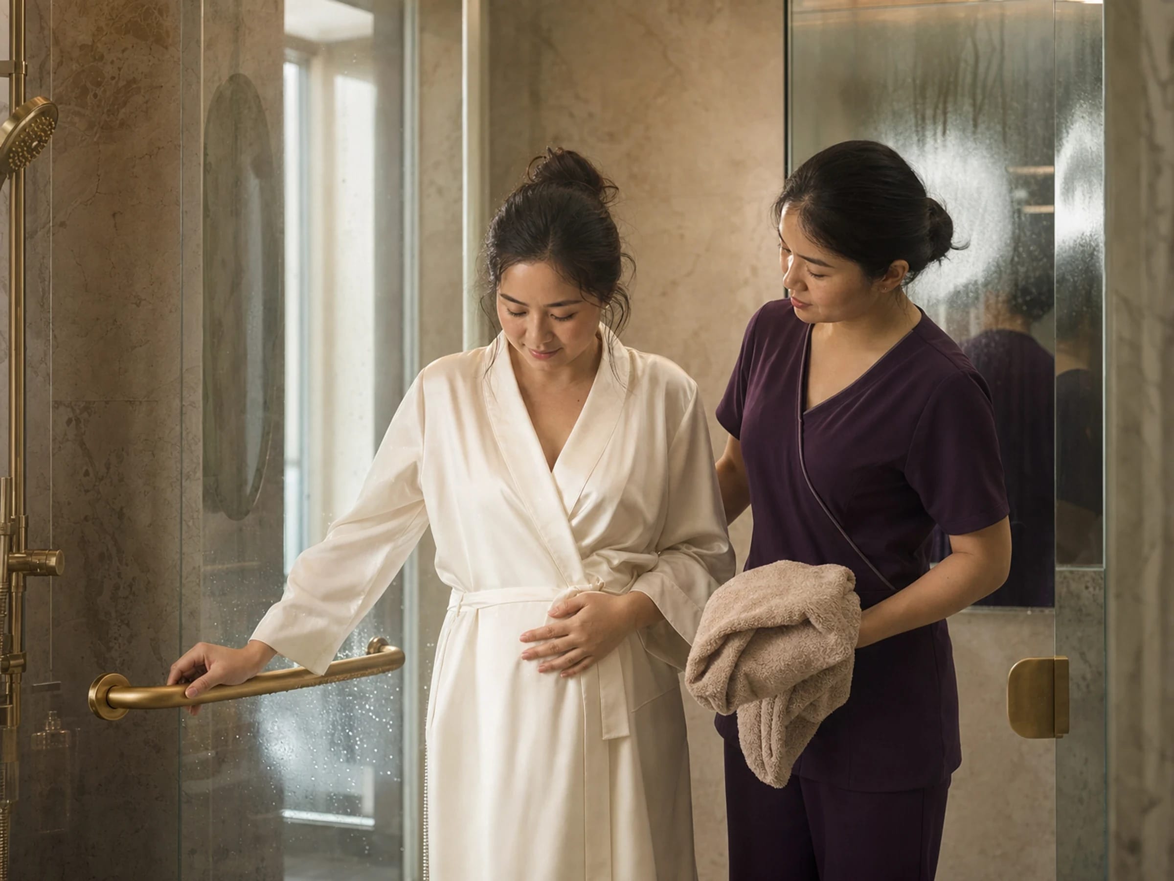 A mother in a robe after her first warm shower, a nurse beside her in the bathroom