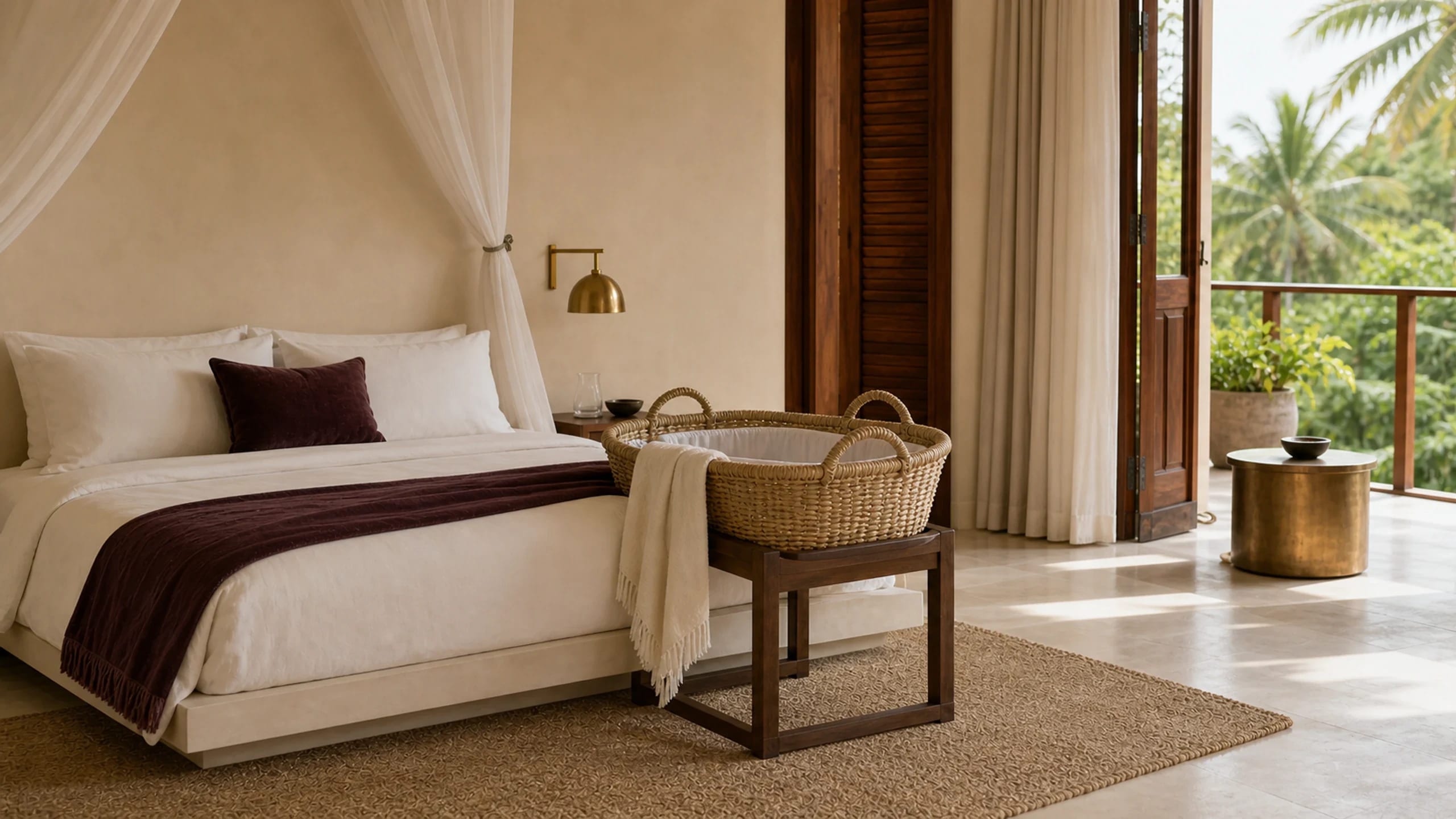 Postpartum suite opening to a garden balcony with a cot beside the bed